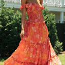 Orange Small Off Shoulder Maxi Dress with Floral Print and Tiered Skirt