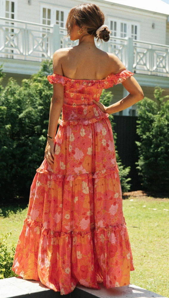 Off Shoulder Maxi Dress with Floral Print and Tiered Skirt