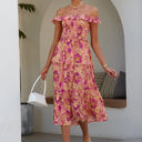 Pink Large Off Shoulder Maxi Dress with Floral Print and Tiered Skirt