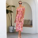 Pink Large Off Shoulder Maxi Dress with Floral Print and Tiered Skirt