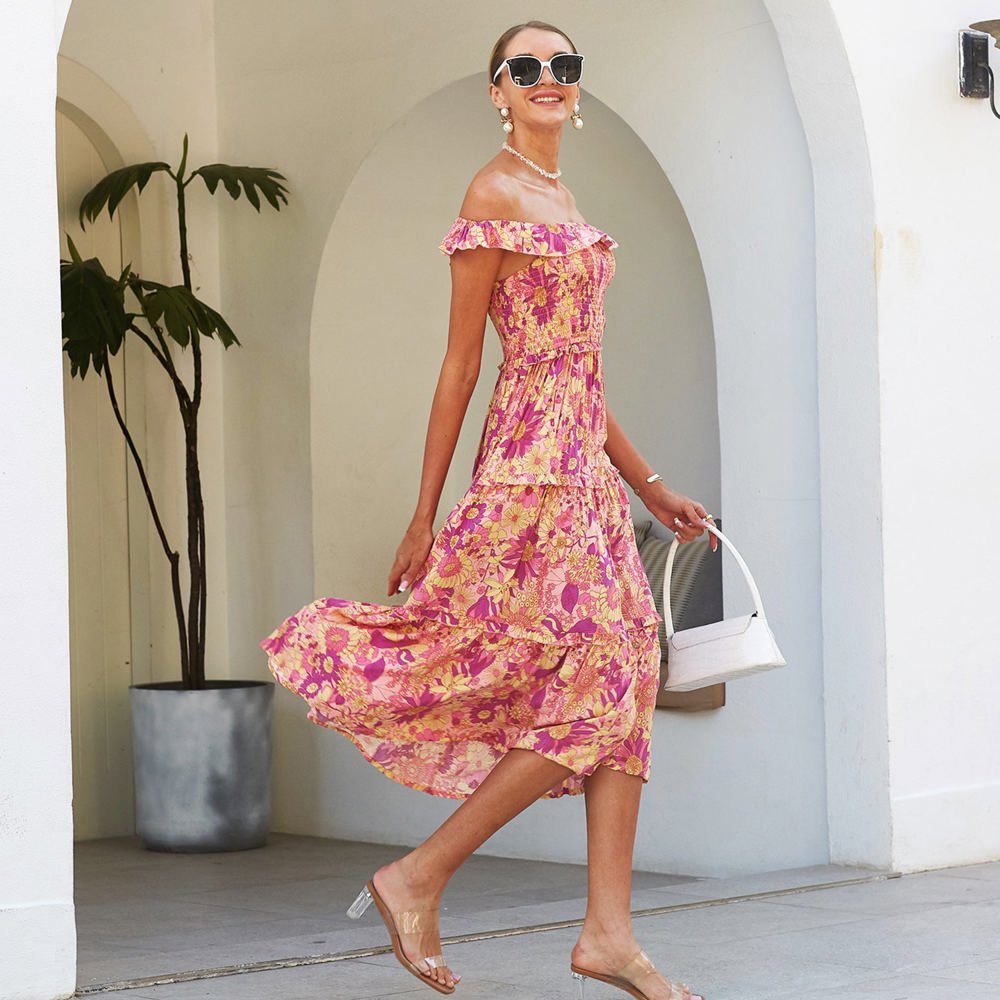 Off Shoulder Maxi Dress with Floral Print and Tiered Skirt