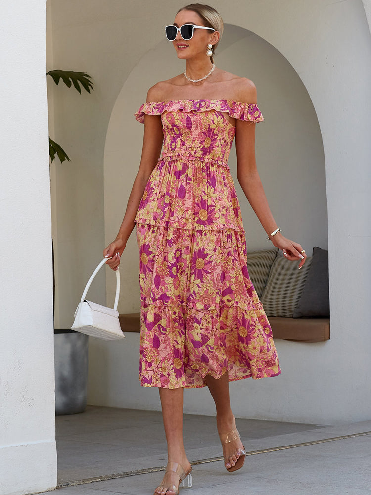 Off Shoulder Maxi Dress with Floral Print and Tiered Skirt