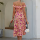 Pink Medium Off Shoulder Maxi Dress with Floral Print and Tiered Skirt