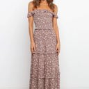 Beige Large Off Shoulder Maxi Dress with Floral Print and Tiered Skirt