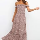 Beige Large Off Shoulder Maxi Dress with Floral Print and Tiered Skirt