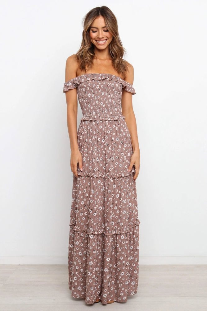 Off Shoulder Maxi Dress with Floral Print and Tiered Skirt