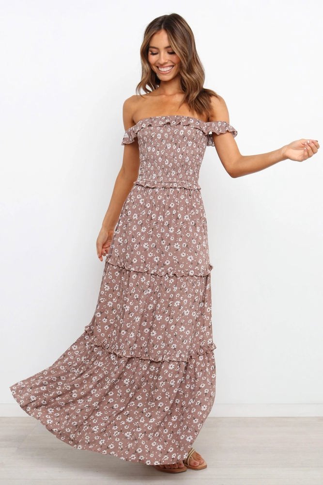 Off Shoulder Maxi Dress with Floral Print and Tiered Skirt