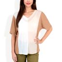 Beige Large Color Block V-Neck Oversized T-Shirt with Drop Shoulders