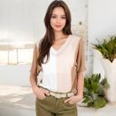 Beige Large Color Block V-Neck Oversized T-Shirt with Drop Shoulders