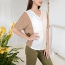 Beige Large Color Block V-Neck Oversized T-Shirt with Drop Shoulders