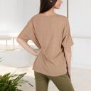 Beige Large Color Block V-Neck Oversized T-Shirt with Drop Shoulders