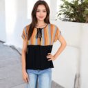 Black Large V-Neck Short Sleeve Striped Panel Top with Contrast Bodice