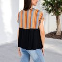 Black Large V-Neck Short Sleeve Striped Panel Top with Contrast Bodice