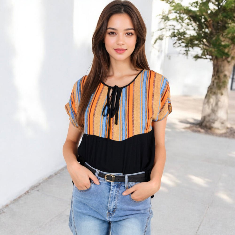 V-Neck Short Sleeve Striped Panel Top with Contrast Bodice