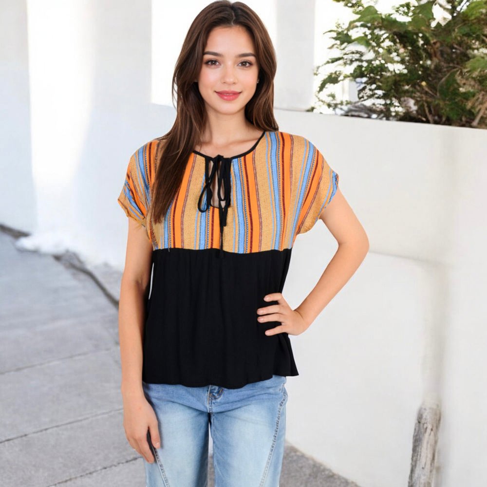 V-Neck Short Sleeve Striped Panel Top with Contrast Bodice