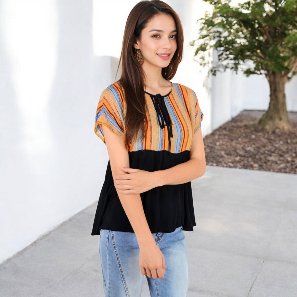 V-Neck Short Sleeve Striped Panel Top with Contrast Bodice