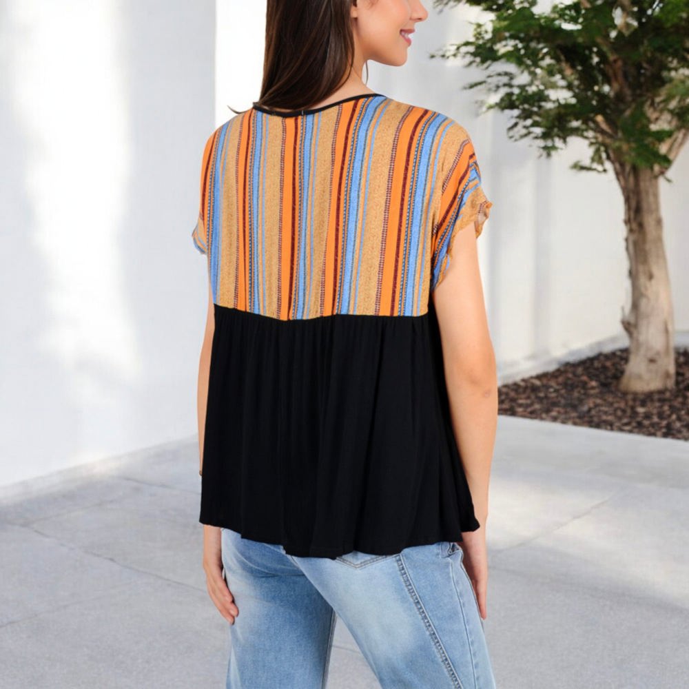 V-Neck Short Sleeve Striped Panel Top with Contrast Bodice