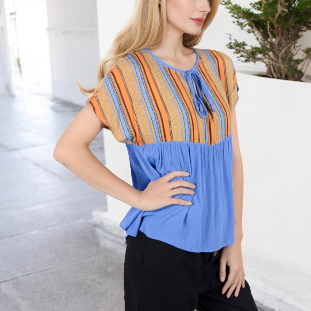 V-Neck Short Sleeve Striped Panel Top with Contrast Bodice