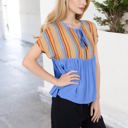 Blue Large V-Neck Short Sleeve Striped Panel Top with Contrast Bodice