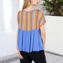 Blue Large V-Neck Short Sleeve Striped Panel Top with Contrast Bodice