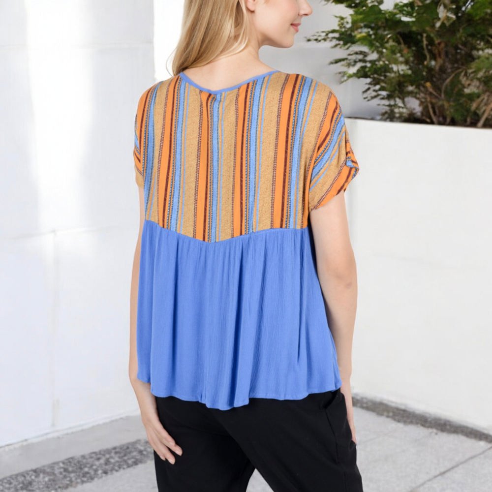 V-Neck Short Sleeve Striped Panel Top with Contrast Bodice