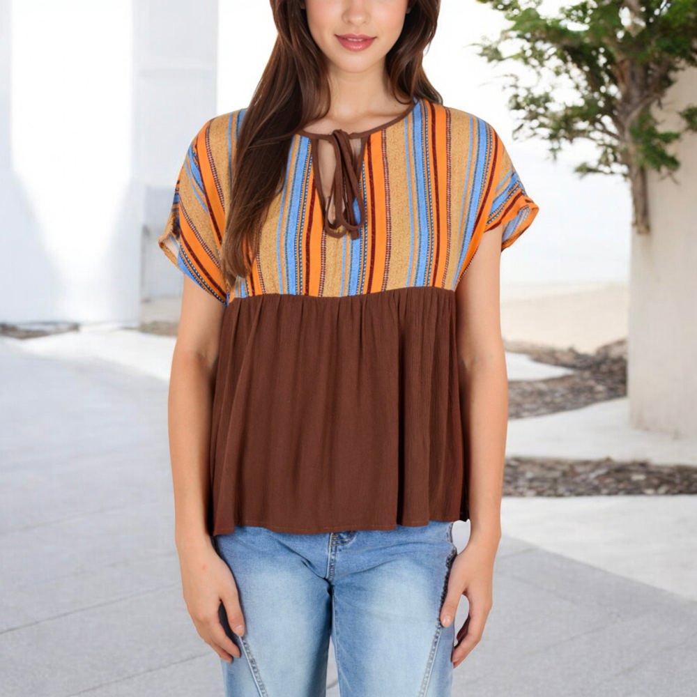 V-Neck Short Sleeve Striped Panel Top with Contrast Bodice