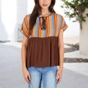 Brown Large V-Neck Short Sleeve Striped Panel Top with Contrast Bodice