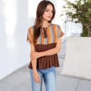 Brown Large V-Neck Short Sleeve Striped Panel Top with Contrast Bodice