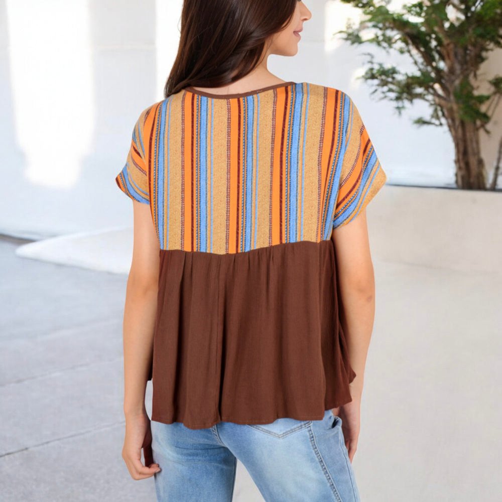 V-Neck Short Sleeve Striped Panel Top with Contrast Bodice