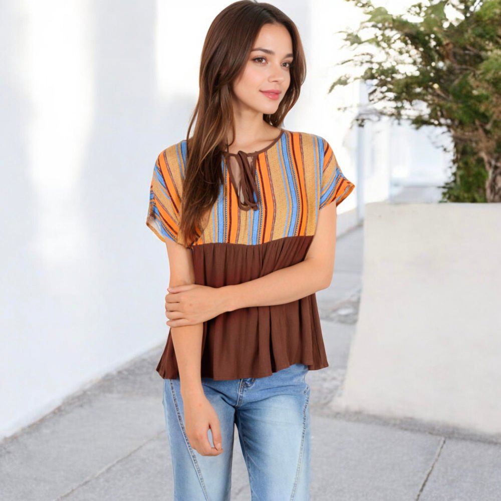 V-Neck Short Sleeve Striped Panel Top with Contrast Bodice