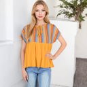 Yellow Large V-Neck Short Sleeve Striped Panel Top with Contrast Bodice