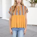 Yellow Large V-Neck Short Sleeve Striped Panel Top with Contrast Bodice