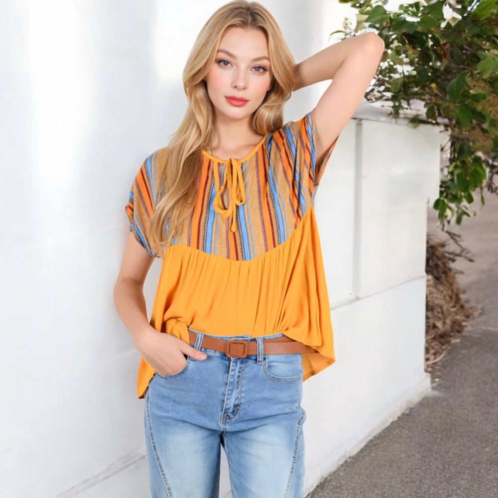 V-Neck Short Sleeve Striped Panel Top with Contrast Bodice