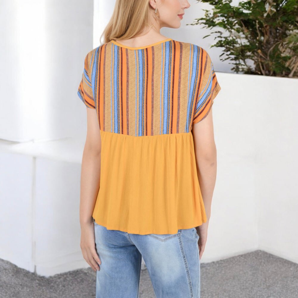 V-Neck Short Sleeve Striped Panel Top with Contrast Bodice