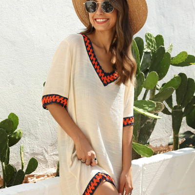 Crochet Trim Tunic Cover-Up with Off Shoulder Design and Relaxed Fit