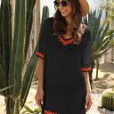 Black Medium Crochet Trim Tunic Cover-Up with Off Shoulder Design and Relaxed Fit