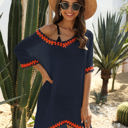 Multicolored Large Crochet Trim Tunic Cover-Up with Off Shoulder Design and Relaxed Fit