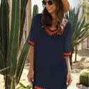 Multicolored Large Crochet Trim Tunic Cover-Up with Off Shoulder Design and Relaxed Fit