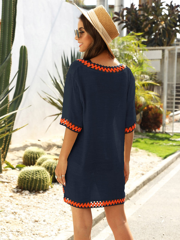 Crochet Trim Tunic Cover-Up with Off Shoulder Design and Relaxed Fit