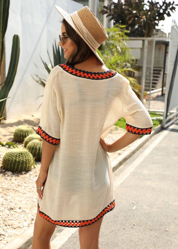 Crochet Trim Tunic Cover-Up with Off Shoulder Design and Relaxed Fit