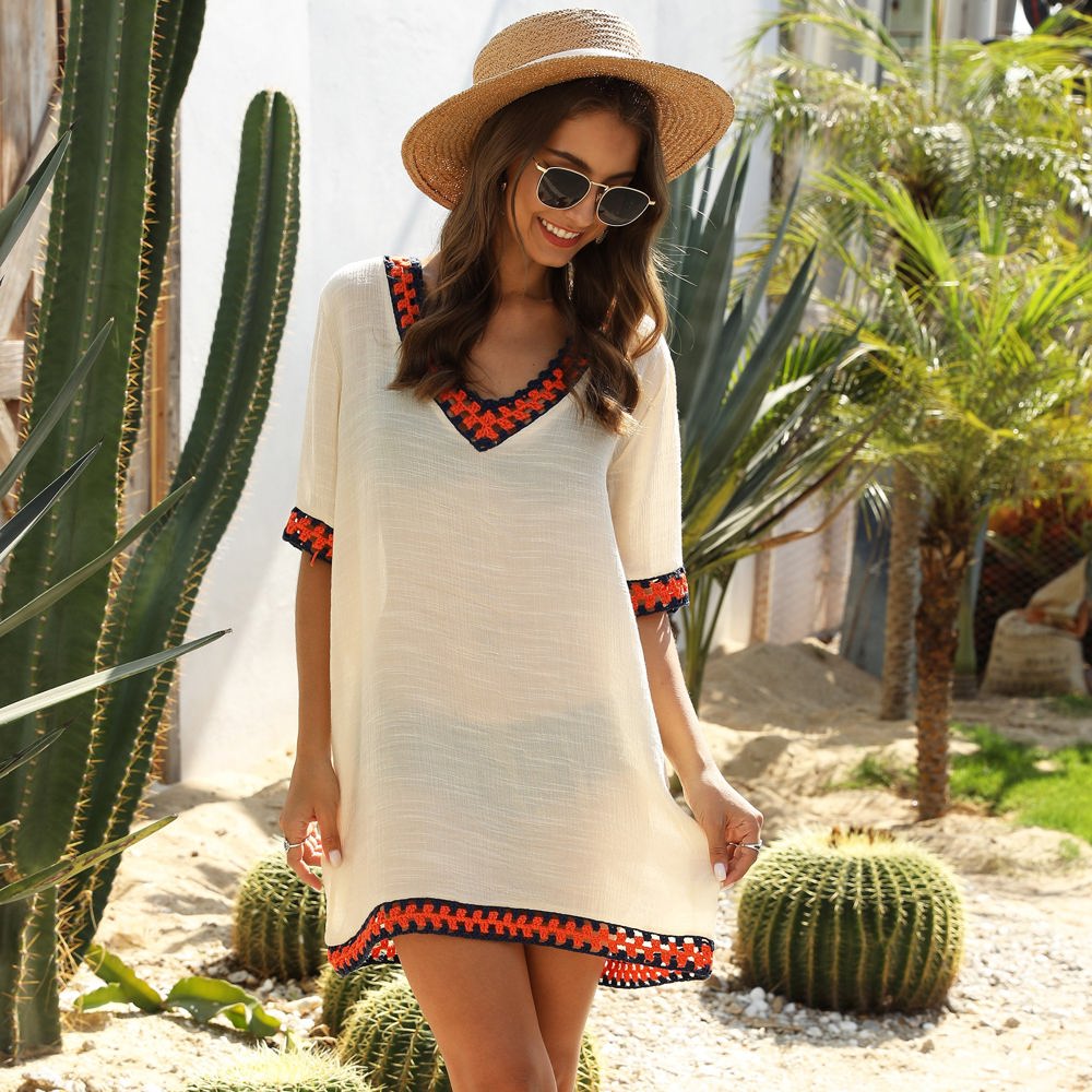 Crochet Trim Tunic Cover-Up with Off Shoulder Design and Relaxed Fit