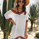 White Large Crochet Trim Tunic Cover-Up with Off Shoulder Design and Relaxed Fit