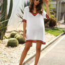 White Large Crochet Trim Tunic Cover-Up with Off Shoulder Design and Relaxed Fit