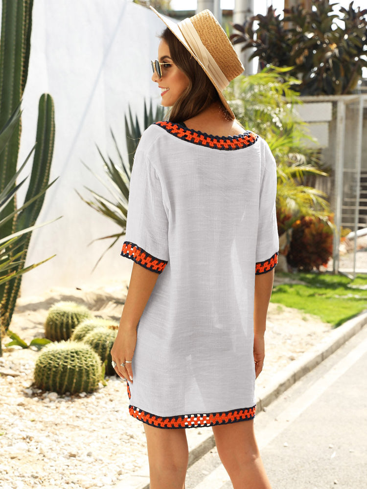 Crochet Trim Tunic Cover-Up with Off Shoulder Design and Relaxed Fit