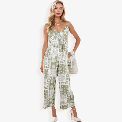 Sleeveless Printed Jumpsuit with V-Neck Ruffle Detail and Wide-Leg Pants