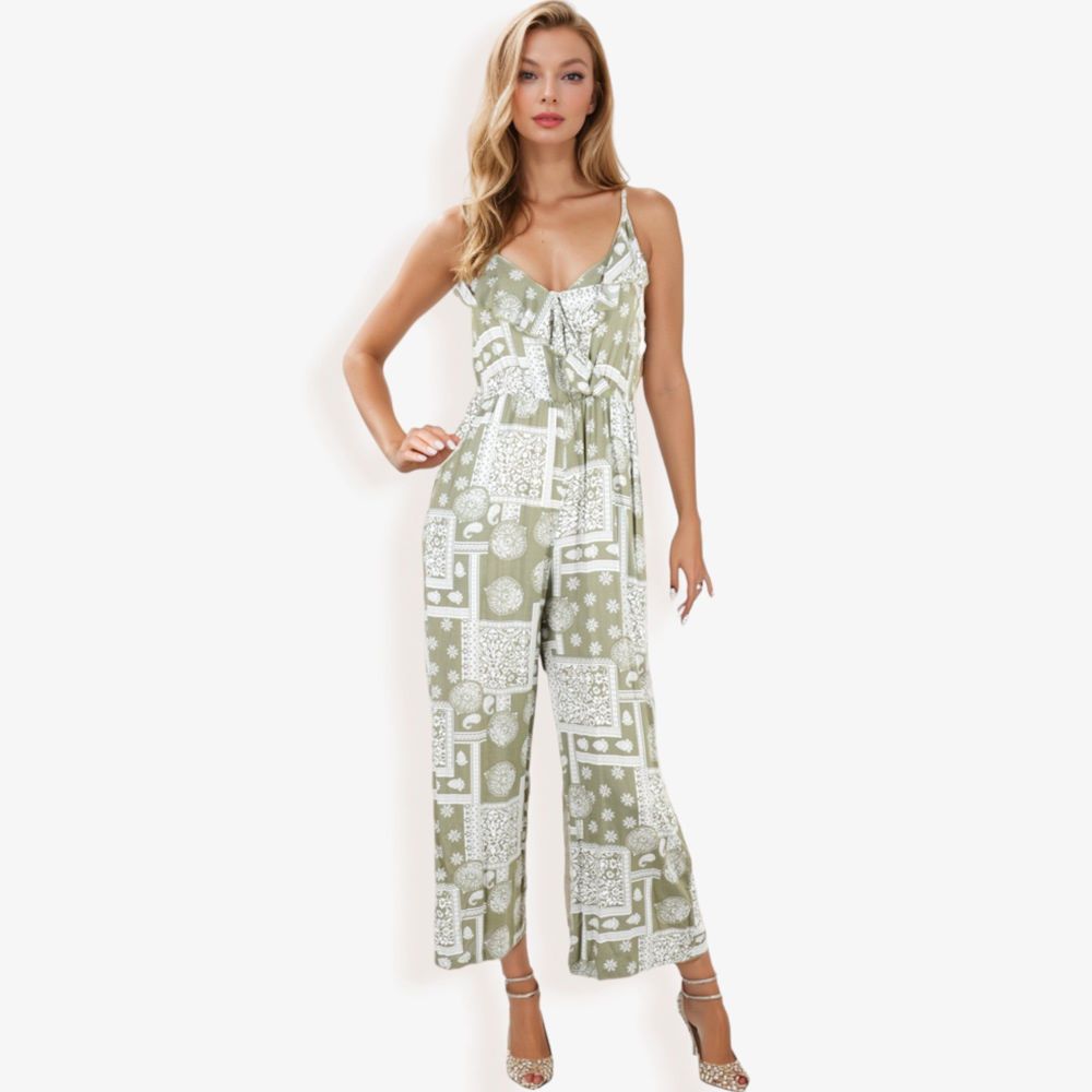 Sleeveless Printed Jumpsuit with V-Neck Ruffle Detail and Wide-Leg Pants