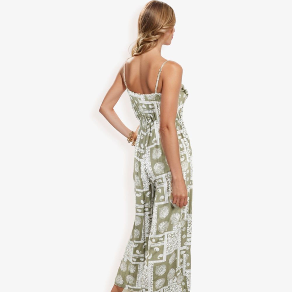 Sleeveless Printed Jumpsuit with V-Neck Ruffle Detail and Wide-Leg Pants