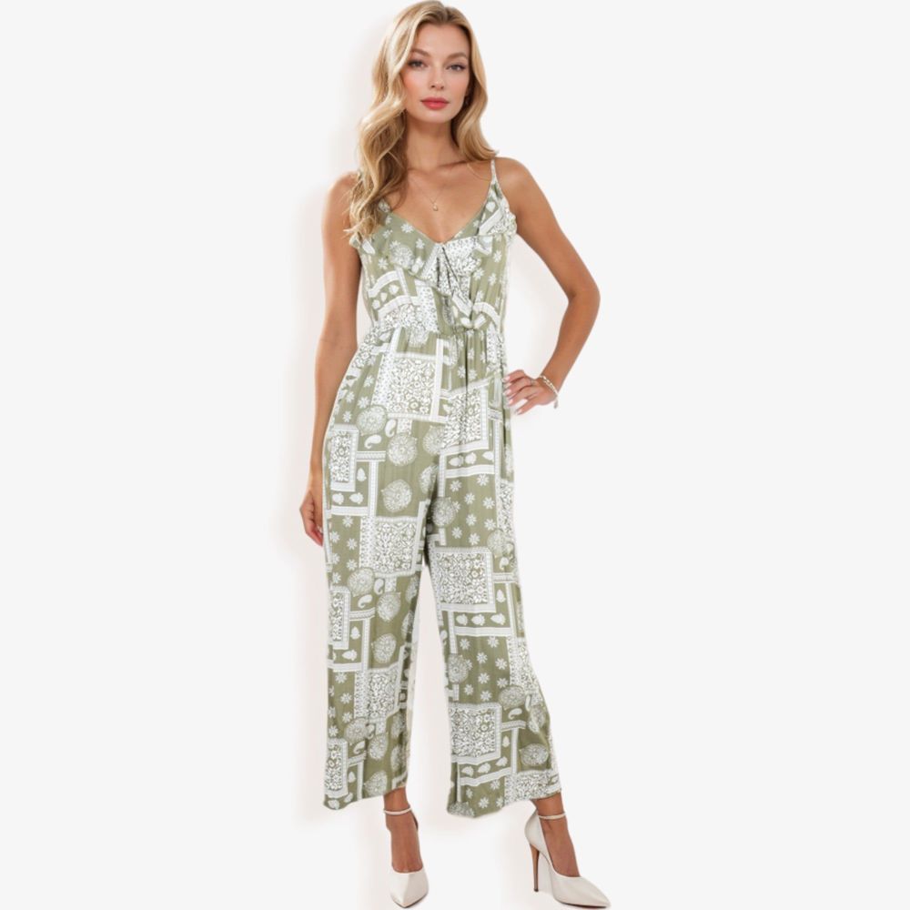 Sleeveless Printed Jumpsuit with V-Neck Ruffle Detail and Wide-Leg Pants