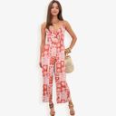 Red Large Sleeveless Printed Jumpsuit with V-Neck Ruffle Detail and Wide-Leg Pants