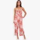 Red Large Sleeveless Printed Jumpsuit with V-Neck Ruffle Detail and Wide-Leg Pants